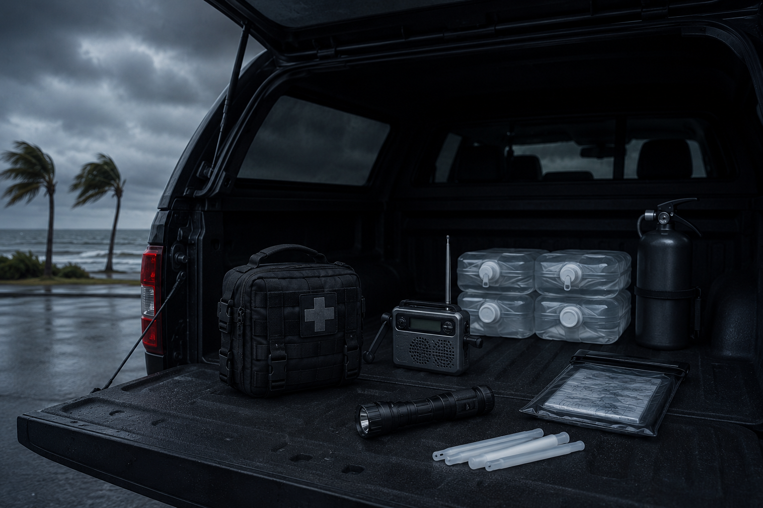 Knolled hurricane vehicle emergency kit contents laid flat on dark tactical surface — trauma supplies, water, tools, and communications gear