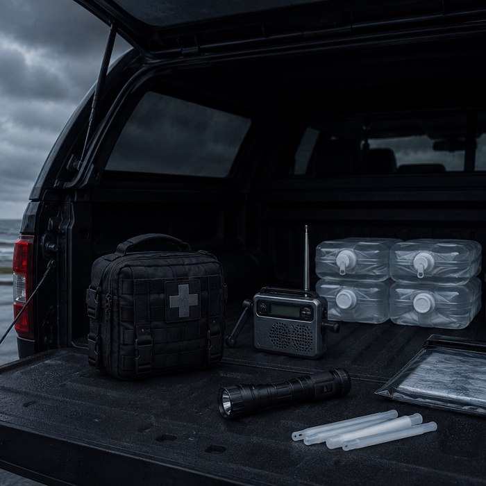 Knolled hurricane vehicle emergency kit contents laid flat on dark tactical surface — trauma supplies, water, tools, and communications gear