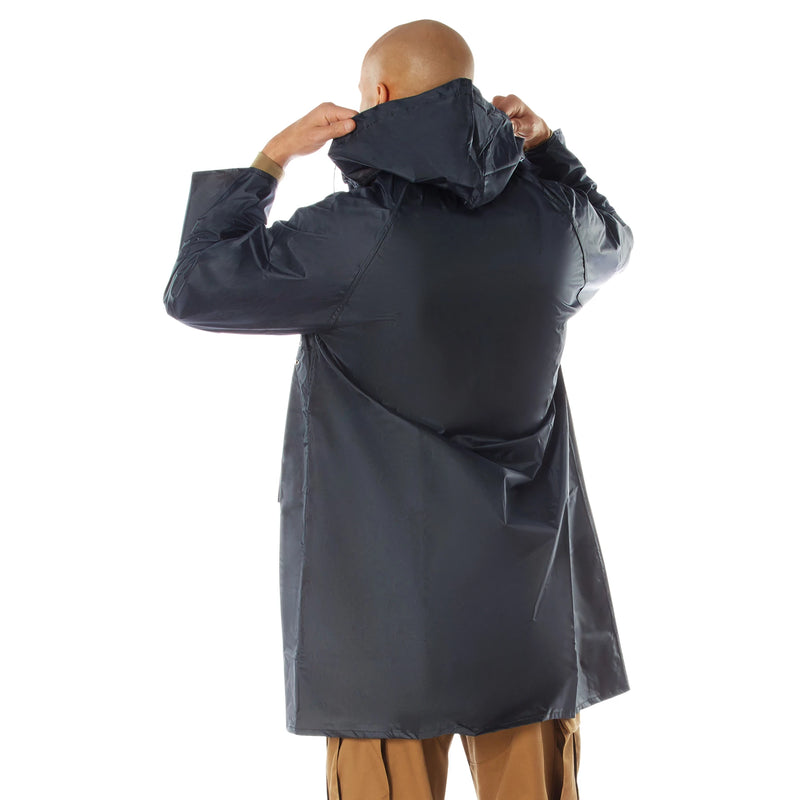 Rothco Reversible 3/4 Length Rain Parka in Navy Blue / Yellow, back view with flap pockets
