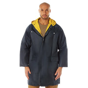 Rothco Reversible 3/4 Length Rain Parka in Navy Blue / Yellow, front view with drawstring hood