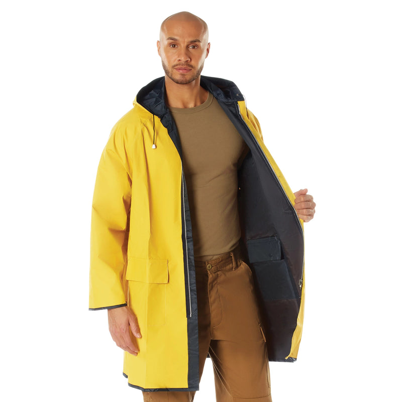Rothco Reversible 3/4 Length Rain Parka in Navy Blue / Yellow, reversed side showing the interior layer