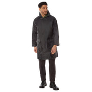 Rothco Reversible 3/4 Length Rain Parka in Black / Olive Drab, front view with drawstring hood