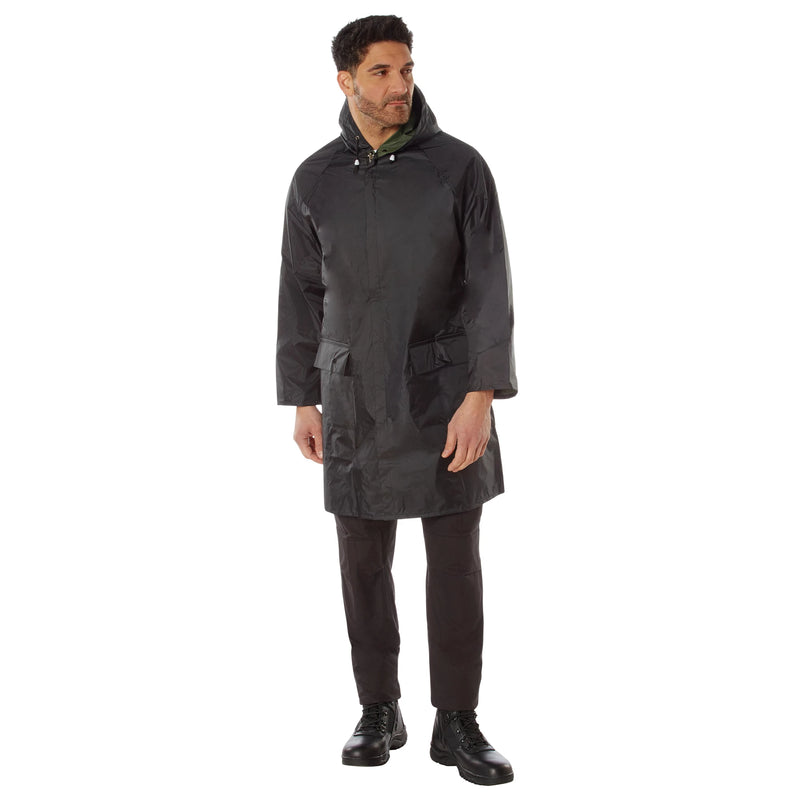 Rothco Reversible 3/4 Length Rain Parka in Black / Olive Drab, front view with drawstring hood