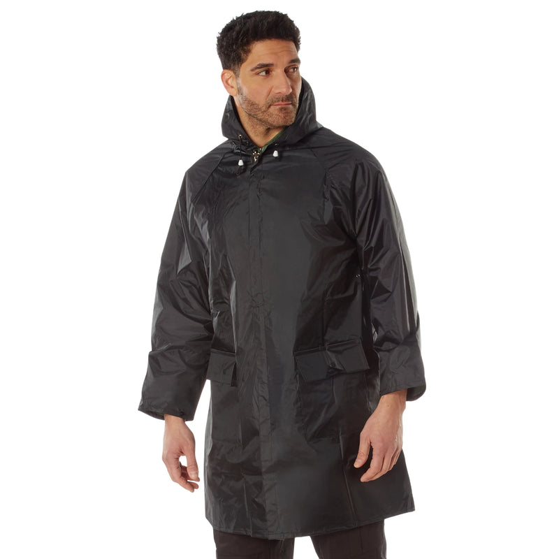Rothco Reversible 3/4 Length Rain Parka in Black / Olive Drab, left side view