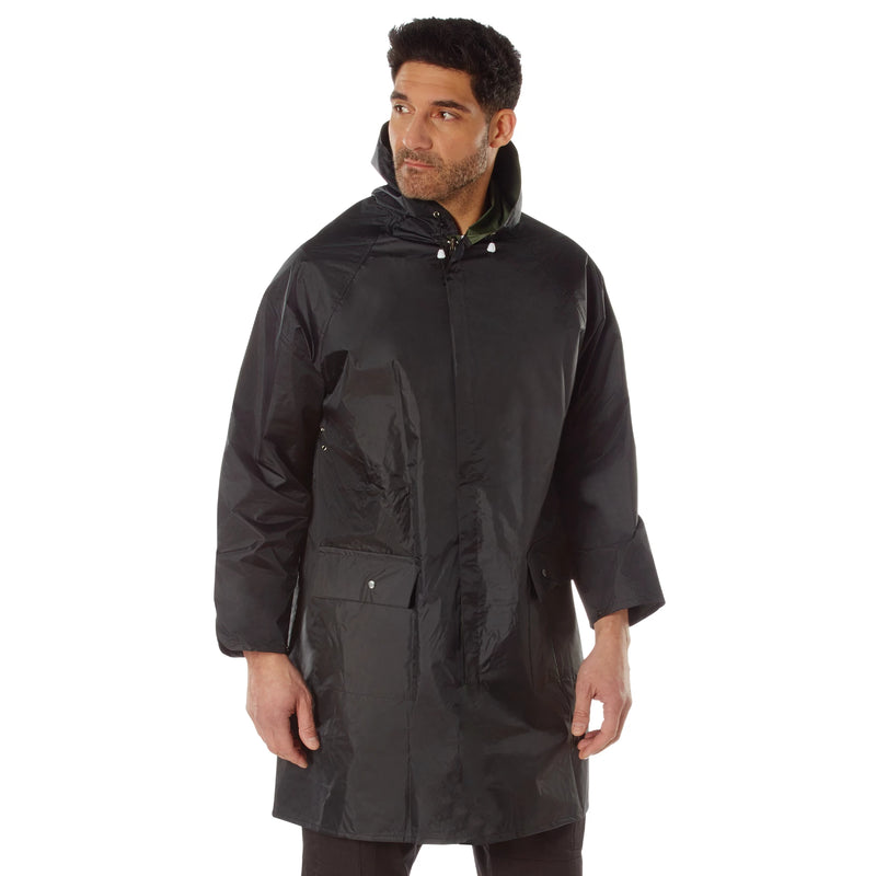 Rothco Reversible 3/4 Length Rain Parka in Black / Olive Drab, right side view