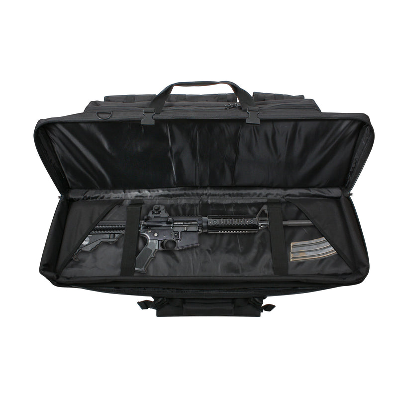 Black tactical rifle case with a rifle inside on a white background