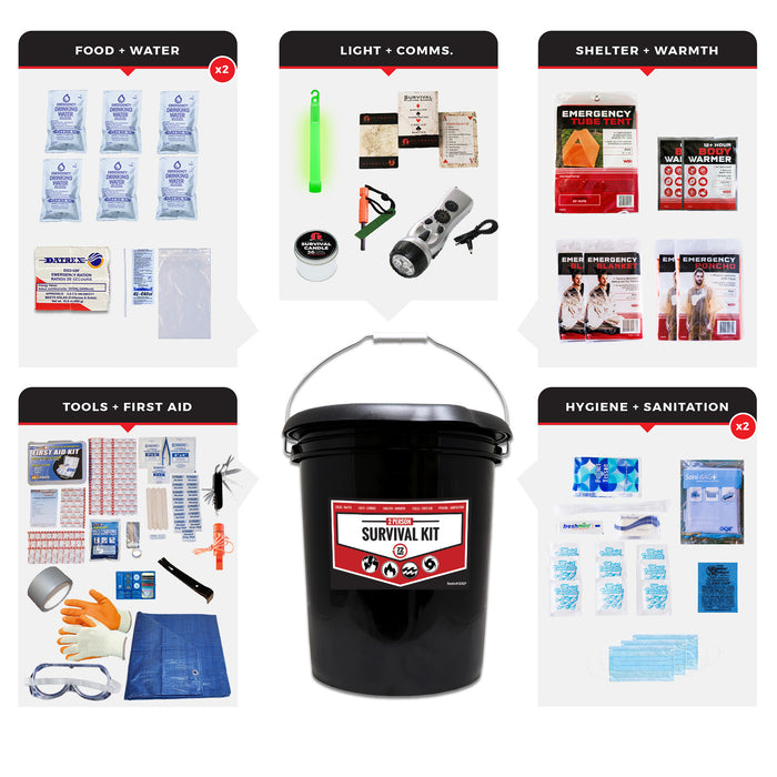 Guardian Survival Bucket Kit for 2 People Black survival kit bucket with compartments labeled for food, water, light, communication, shelter, tools, first aid, hygiene, and sanitation.