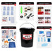 Guardian Survival Bucket Kit for 2 People Black survival kit bucket with compartments labeled for food, water, light, communication, shelter, tools, first aid, hygiene, and sanitation.