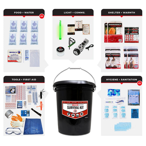 Guardian Survival Bucket Kit for 4 People Collection of survival kit components including food, water, light, communication, shelter, warmth, tools, first aid, and hygiene on a white background.