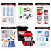 Collection of emergency supplies including a black bucket, red backpack, and various labeled packages on a white background.