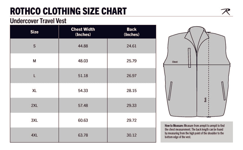 Rothco Undercover Travel Vest Size Chart