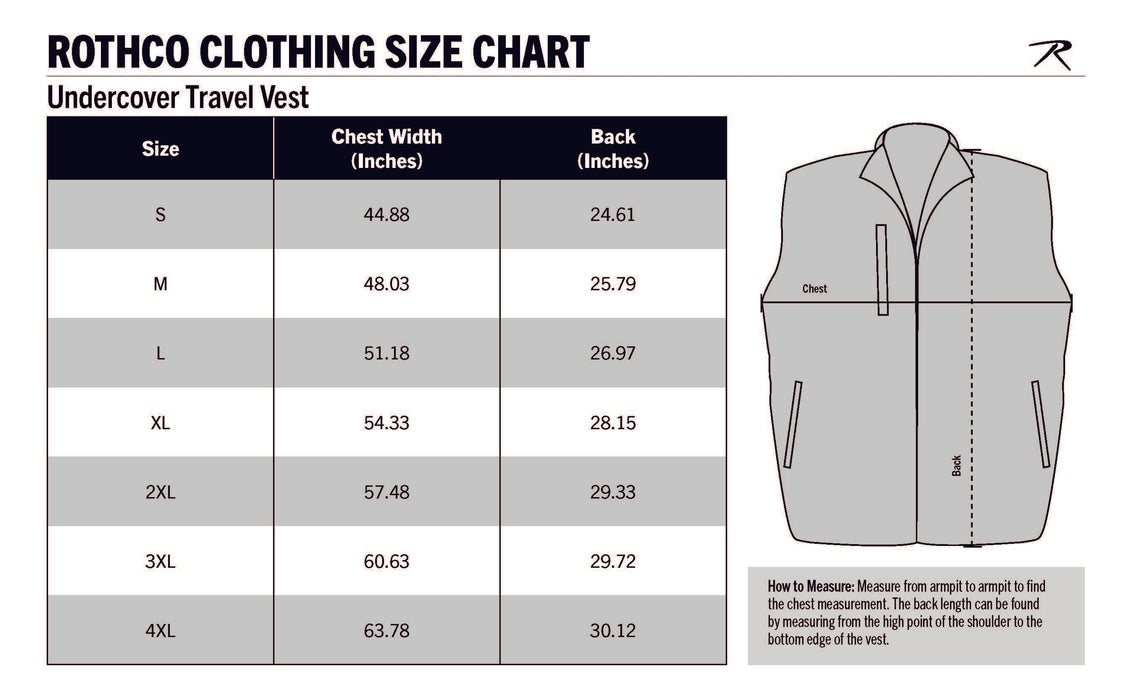 Rothco Undercover Travel Vest Size Chart