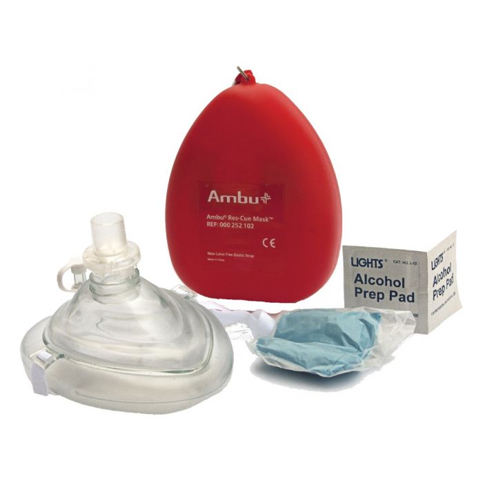 Kemp Ambu Red CPR Mask in Hard Case with O2 Inlet and Head Strap